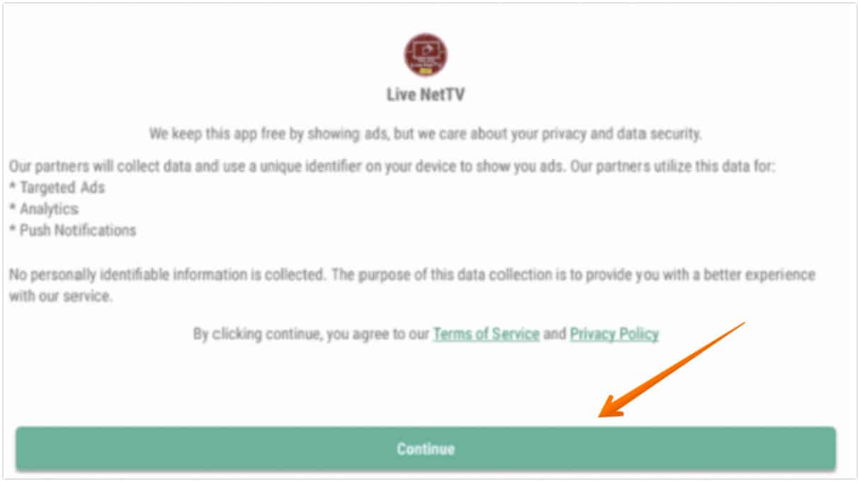 Click Continue on Live Net TV