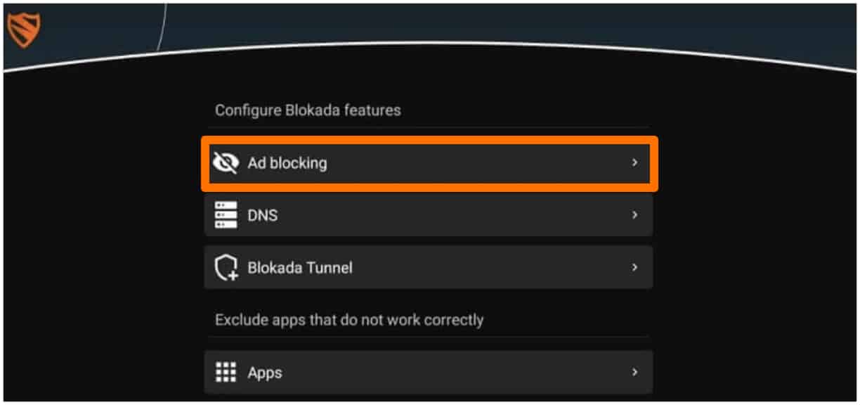 Click on Ad Blocking in Blokada