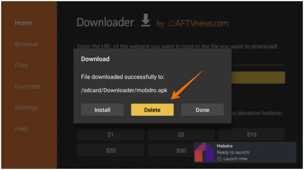 Click on Delete for Mobdro