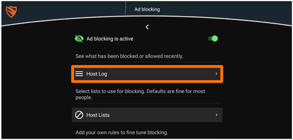 Select Host Log in Blokada